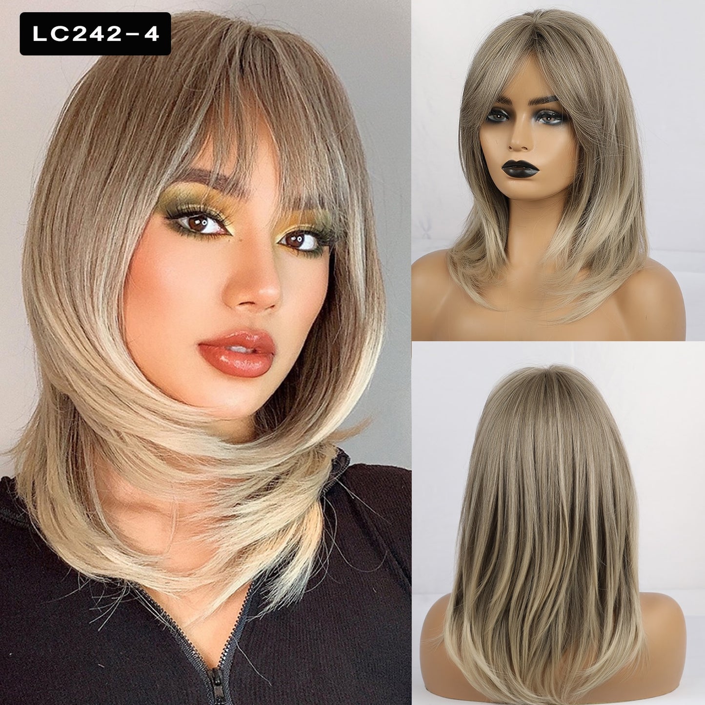 Blonde Mixed Brown Bob with Bangs