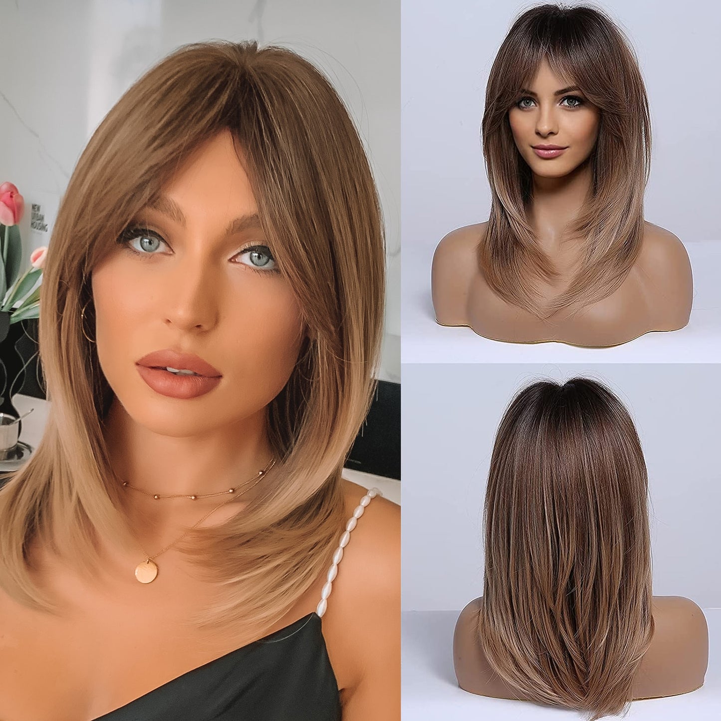 Blonde Mixed Brown Bob with Bangs
